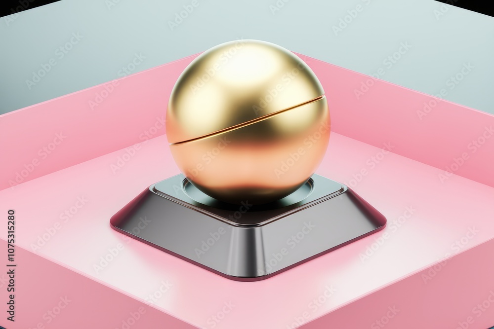 Poster A golden sphere sits on a black square base  resting on a pink platform.