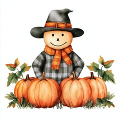 A cheerful scarecrow stands among pumpkins, wearing a gray plaid outfit and orange scarf, surrounded by green leaves, capturing autumn's festive spirit. watercolor, isolated on white background.