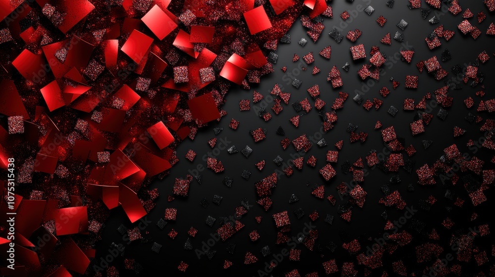 Poster an abstract composition of red and black glittering squares on a dark background, creating a vibrant