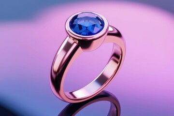 A close up of a rose gold ring with a blue sapphire gemstone.