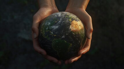 Hands Holding 3D Hyper Realistic Earth Globe. Environmental Conservation problem, Save the Planet, Ecology issue concept, Sustainable Lifestyle. World earth day.