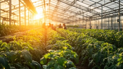 Big greenhouse background, modern agriculture. People grow lush green plants, healthy growth. Workers tending crops. Sustainable farming practices beauty of nature. Harvest care. Lots of tomato bushes
