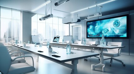 A photo of a medical conference room with presentation