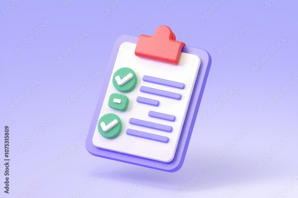 Poster 3D rendered checklist clipboard with check marks and empty line