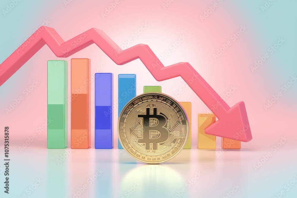 Poster bitcoin value drops red arrow symbolizes decline.