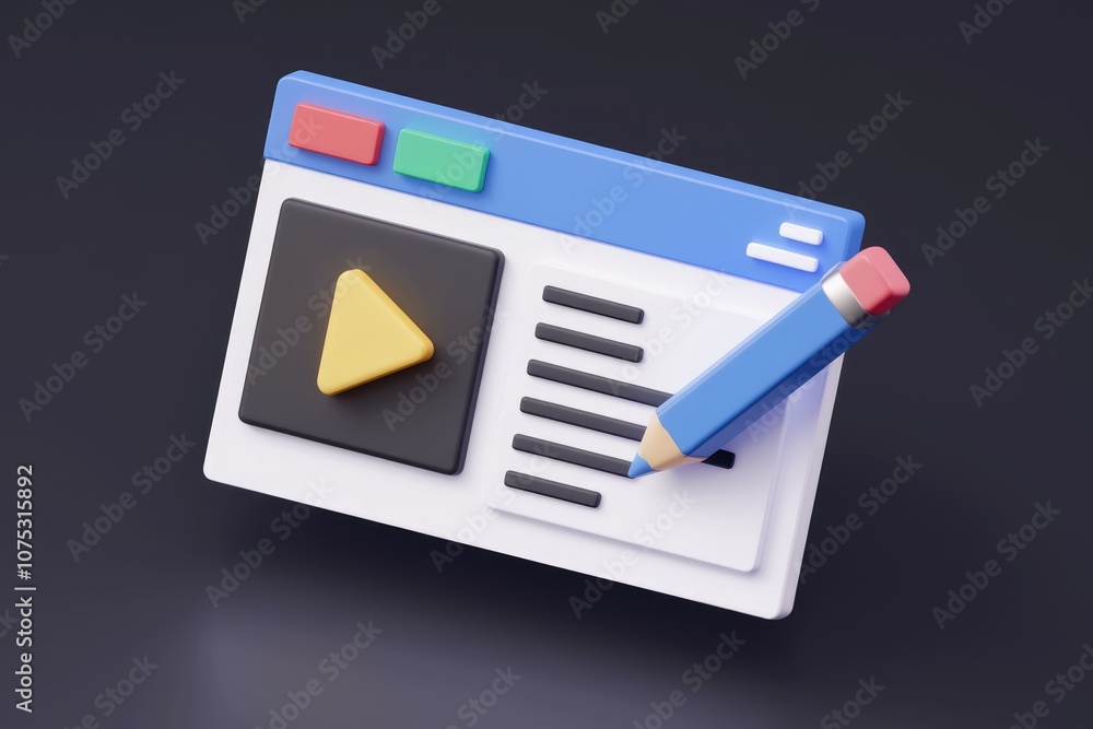 Poster A 3D illustration of a browser window with a play button and a pencil writing on a text field.