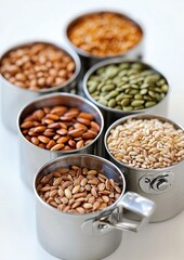 A collection of different types of seeds are displayed in a silver container