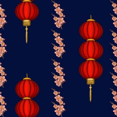 Obraz premium Big Vertical Lines Sakura with Red Three Round Lanterns on Dark Blue Background Seamless Pattern Design
