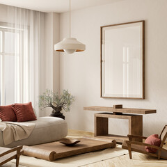 Japanese style interior design with wooden furnitures and raw materials. Mocuk up poster frame in  Japandi style interior. 3D illustration