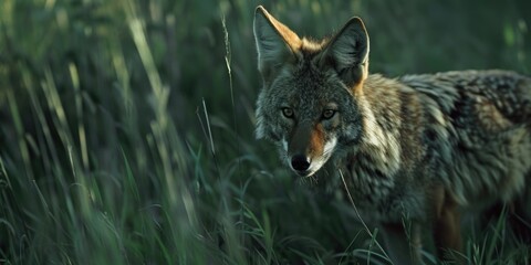 Obraz premium A curious red fox peering through tall grass in a natural setting.