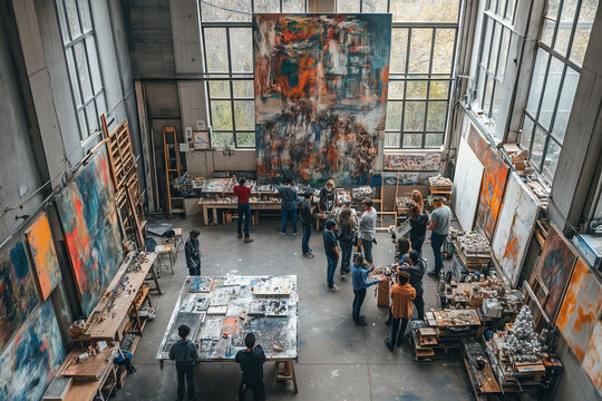 Aerial view of an vibrant art workshop filled with creativity and collaboration