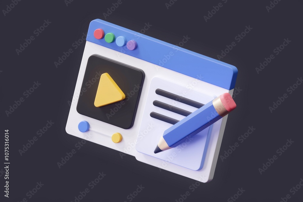 Aufkleber 3D illustration of a browser window with a video player and a pencil  representing content creation.