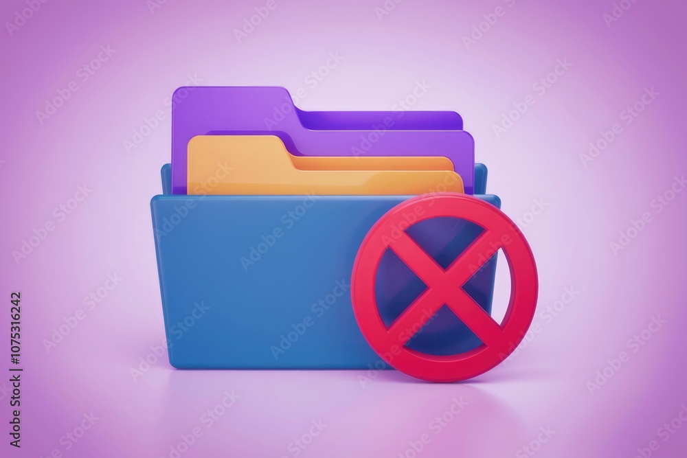 Poster 3D render of a blue folder with a red X on it  indicating deletion or error.