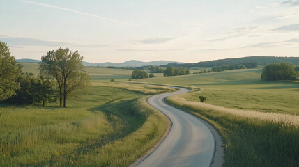 Naklejka premium Serene Road Through Green Countryside Landscape