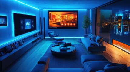 This modern living room features customizable, ambient smart lighting and touch panels, creating a cozy evening atmosphere for relaxation. Generative AI