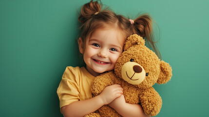 Little happy kid girl 6-7 year old wears casual clothes have fun hold hug teddy bear plush toy © Oleksandr Kozak