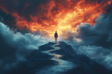 Fototapeta premium Person Standing on Mountain Peak Against Fiery Sunset with Dramatic Clouds