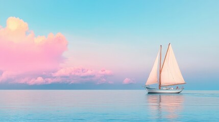Fototapeta premium Tranquil Sailboat on a Vast Ocean Under Clear Sky