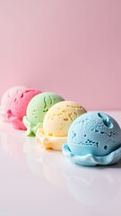 A row of ice cream scoops with different colors. The ice cream is melting and dripping down the sides
