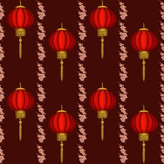 Small Vertical Lines Sakura with Red Round Lantern on Dark Red Background Seamless Pattern Design