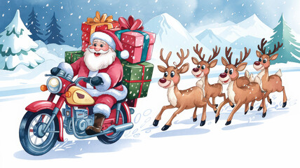 jolly Santa Claus rides vintage motorcycle with gifts, surrounded by reindeer