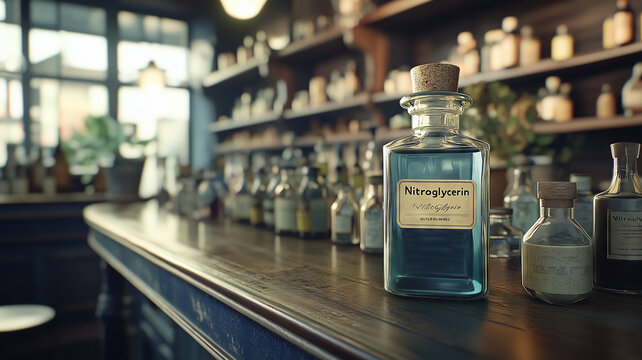 Vintage apothecary shelf featuring a classic nitroglycerin bottle in focus