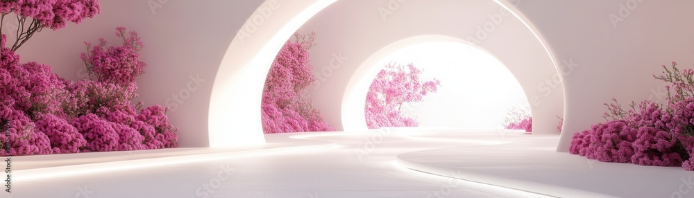 Poster a serene pathway illuminated by soft light, lined with beautiful pink flowering trees, creating a tr