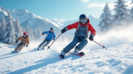 Collection of Floating Sportsman in Ski Suit Snow Skiing Action