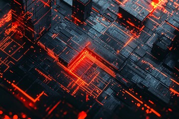 Obraz premium Abstract Futuristic Circuitry: Glowing Red Lines on a Dark Grid