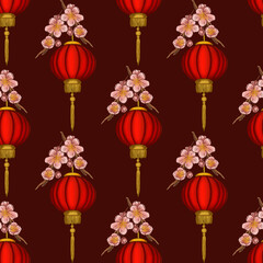 Red Round Lanterns with Sakura on Dark Red Background Seamless Pattern Design