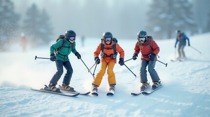 Collection of Floating Sportsman in Ski Suit Snow Skiing Action