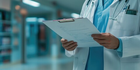 A healthcare professional reviewing medical paperwork with a pen, focusing on the documentation for patient care.