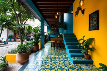 A colorful kitchen with vibrant tiles, eclectic decor, and houseplants, creating a cheerful space