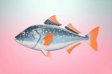 A blue and white fish with orange fins  swimming against a pink and green background.