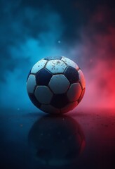 Naklejka premium A soccer ball with a blue and red background, a sense of speed and movement