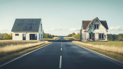 A highway dividing two contrasting model homes on one side a sleek, modern house and on the other side a dilapidated, abandoned house with broken. Striking juxtaposition of progress and decline