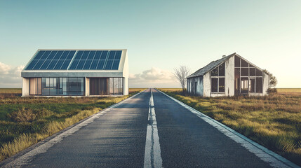 Obraz premium A highway dividing two contrasting model homes on one side a sleek, modern house and on the other side a dilapidated, abandoned house with broken. Striking juxtaposition of progress and decline