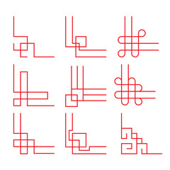 Asian corner set in vintage style. Traditional chinese ornaments for your design. Minimalistic red geometric line patterns. red japanese elements. Vector  asian culture decoration