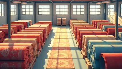 Obraz premium A warehouse full of rolls of carpet