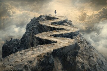 Fototapeta premium Monochromatic Figure on a Misty Mountain Path Surrounded by Clouds