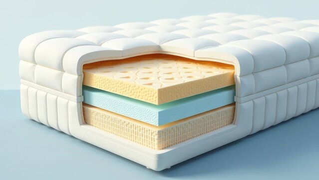 A mattress is shown with its inner layers visible. The mattress is white and blue. The mattress is designed to provide support and comfort for the user