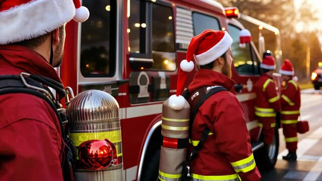 Enthusiastic firefighters don Santa hats as they gear up, bringing festive spirit to the community during a beautiful sunset on a joyful holiday evening