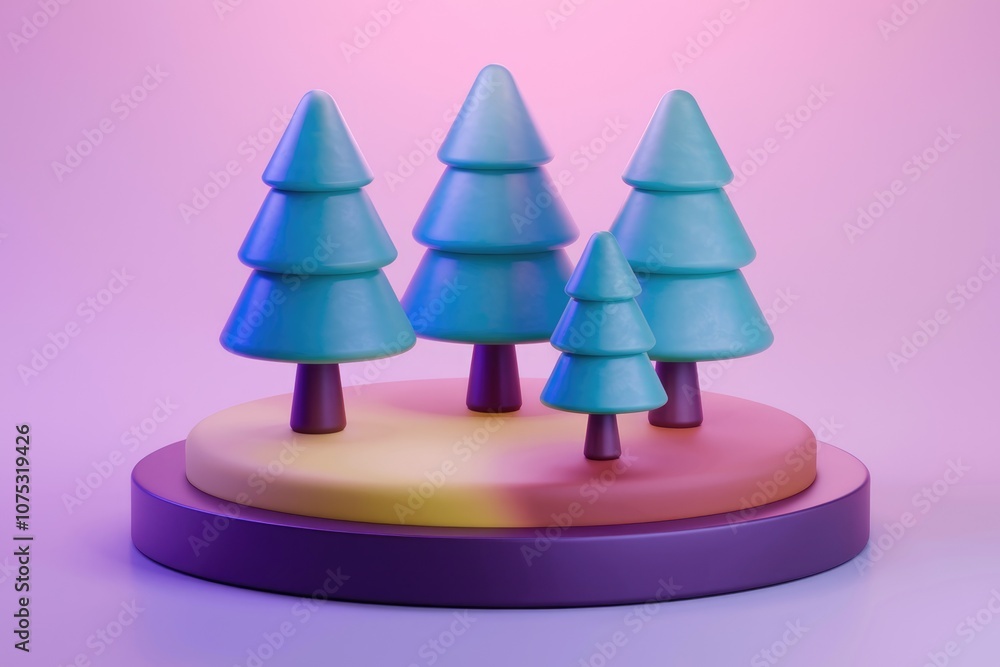 Poster four stylized 3d trees on a platform a simple winter scene.
