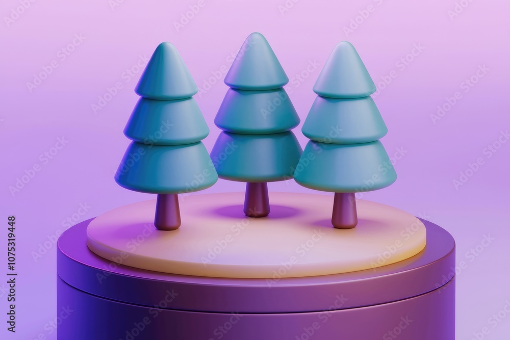 Aufkleber three 3d stylized pine trees on a circular platform