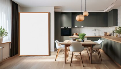 Modern home kitchen interior with dining table and kitchenware. Mockup frame