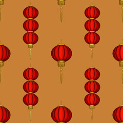 Big Red Round Lantern and Three Lanterns with Sakura on Yellow Background Seamless Pattern Design