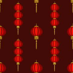 Big Red Round Lantern and Three Lanterns with Sakura on Dark Red Background Seamless Pattern Design