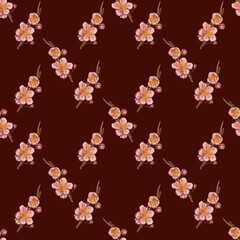 Small Diamond Sakura on Dark Red Background Seamless Pattern Design