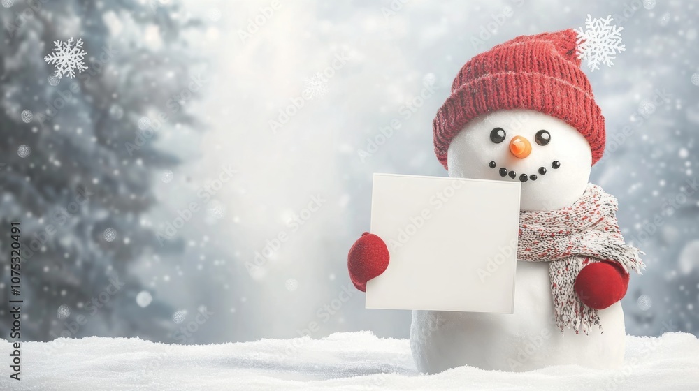 Poster a snowman with a red knitted hat, a red pom-pom, and a red and white scarf stands in a snowy forest.