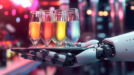 A robot hand holding a serving tray with colorful drinks in elegant glasses at a party